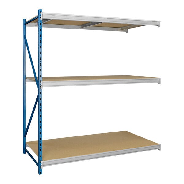 A blue metal Hallowell bulk rack shelving unit.