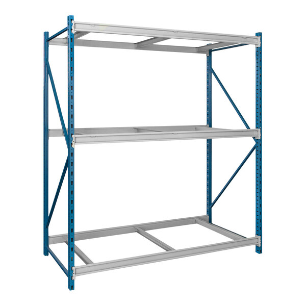 A blue and silver Hallowell steel shelving unit with three shelves.