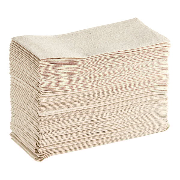 A large stack of beige Choice Touchstone linen-feel paper guest towels.
