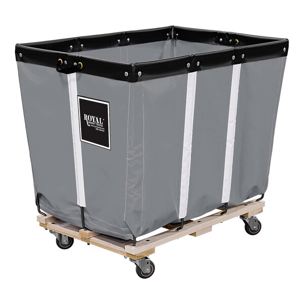 A large grey Royal Basket Truck with black vinyl on a wooden cart.