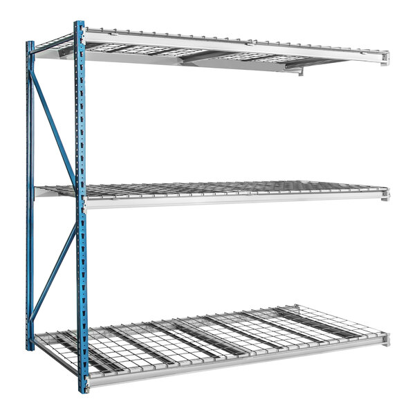 A Hallowell metal bulk rack shelving add-on with three blue metal shelves.