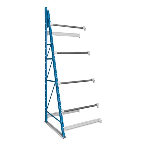 A blue and white metal rack with four shelves.