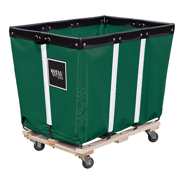 A green vinyl basket on a wooden cart with 4 swivel casters.