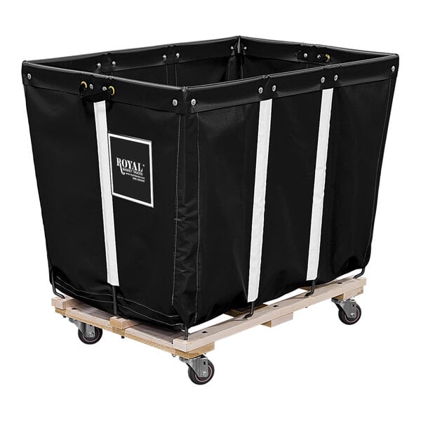 A black Royal Basket Truck with a wood base and casters with a large black canvas basket.