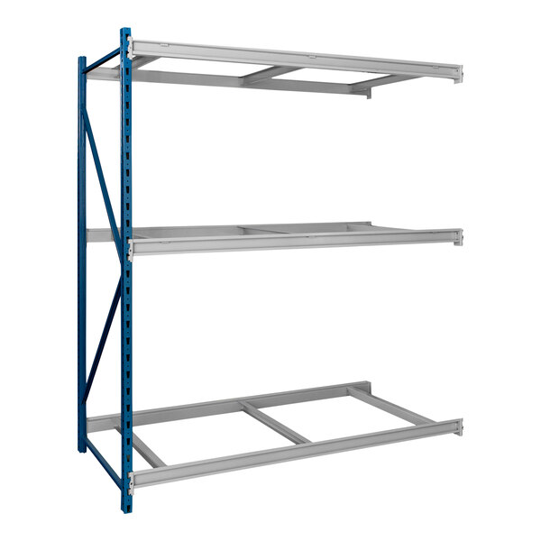 A Hallowell blue and silver metal shelving rack with three shelves.