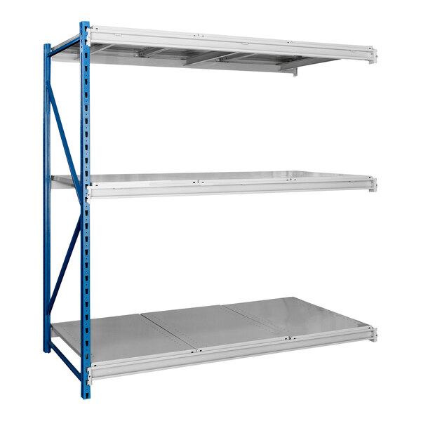 A Hallowell marine blue and light gray metal shelving unit with steel decking on three shelves.