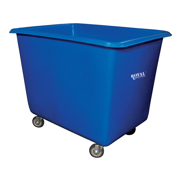 A blue plastic bin with wheels.