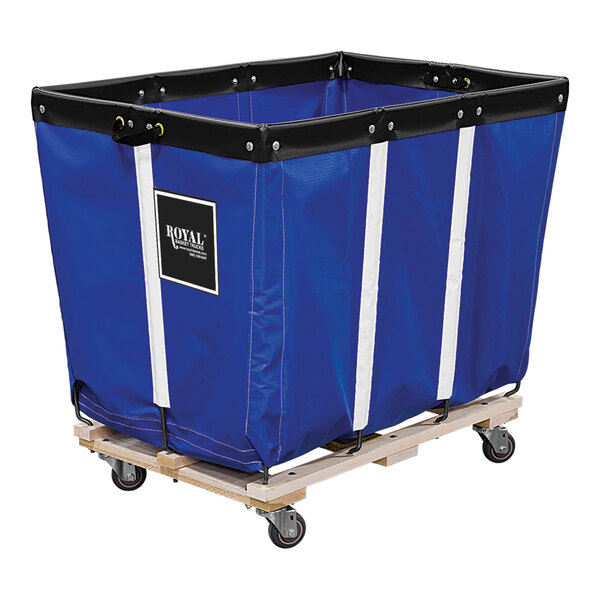 A blue vinyl Royal Basket Truck with black canvas liner on a wood cart with wheels.