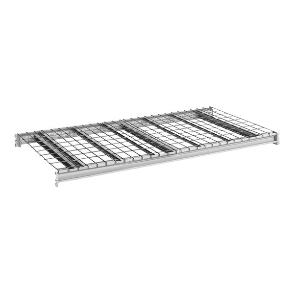A light gray metal rack shelf with white wire mesh on top.