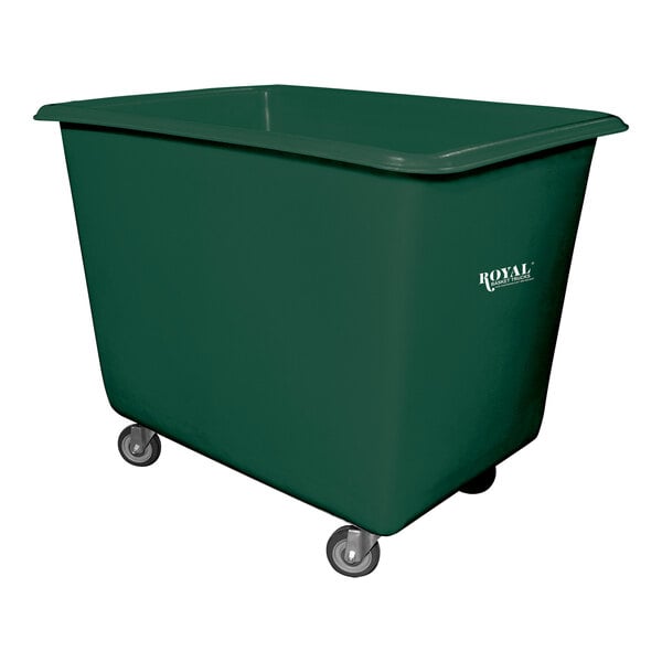 A green plastic Royal Basket Truck with a steel base and wheels.