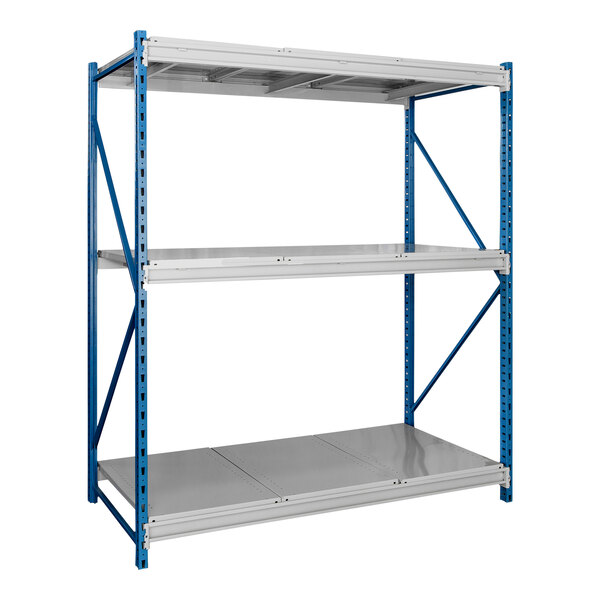 A Hallowell marine blue steel shelving unit with steel decking on three shelves.