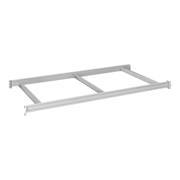 A light gray metal shelf level for a Hallowell bulk rack with a metal frame.