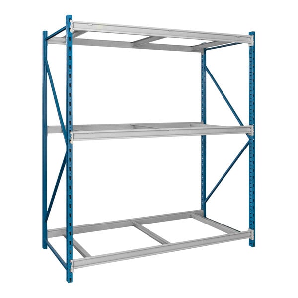 A blue and silver Hallowell steel shelving unit with three shelves.