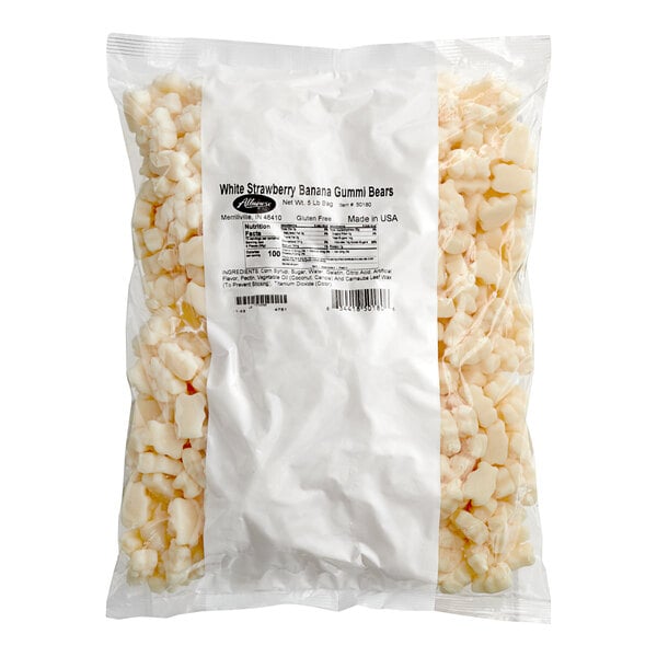 A bag of white candy with Albanese White Strawberry Banana Gummi Bears on a white background.