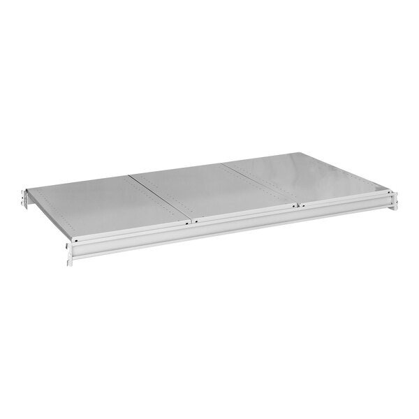 A light gray Hallowell steel shelf with steel decking and two shelves.