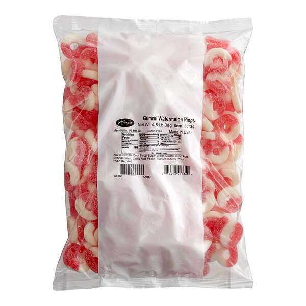A bag of Albanese Watermelon Gummi Rings on a white background.