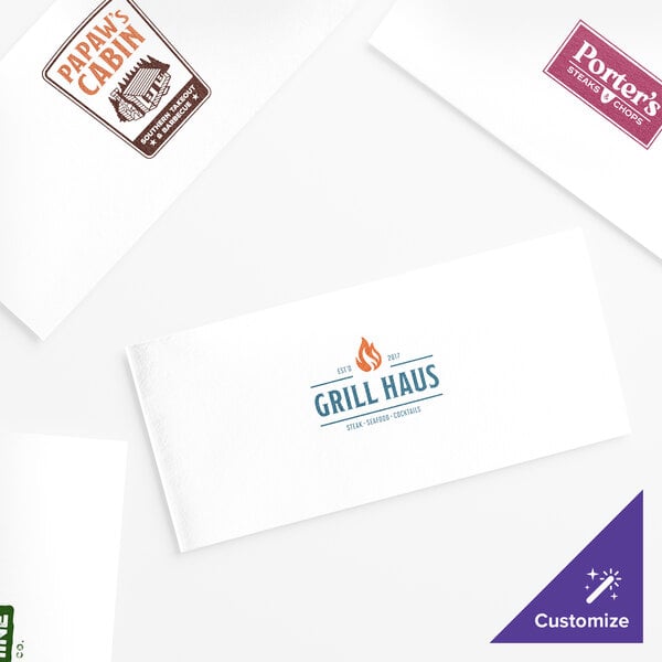 A group of white Lavex Linen-Feel guest towels with different logos on them.