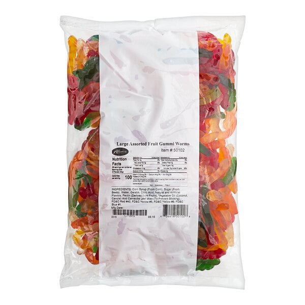 A case of Albanese Large Assorted Fruit Gummi Worms.