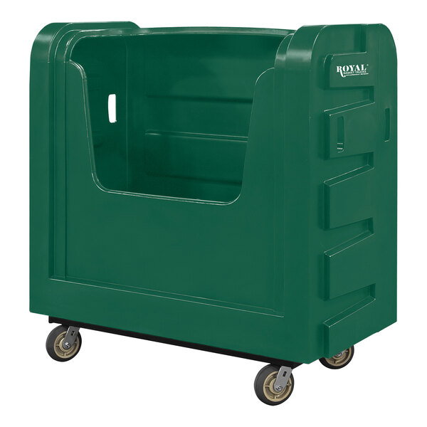 A green plastic container on wheels.