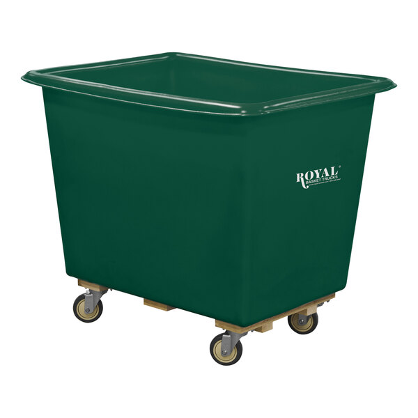 A large green plastic bin on wheels with a wood base.