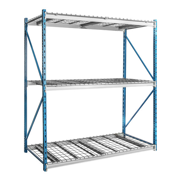 A Hallowell metal shelving unit with blue shelves and white bars.