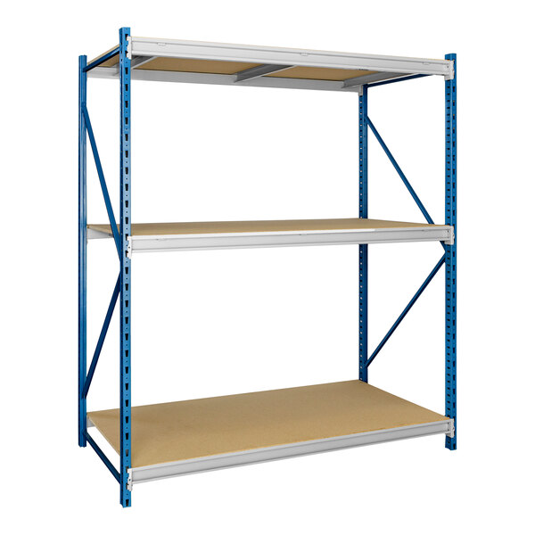 A blue and light gray metal shelving unit with three shelves.