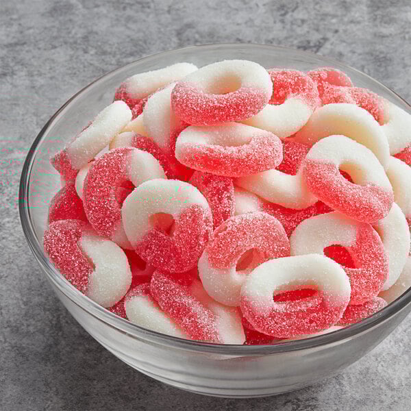 A bowl filled with Albanese Watermelon Gummi Rings