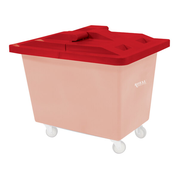 A red plastic hinged lid for a Royal Basket Truck.