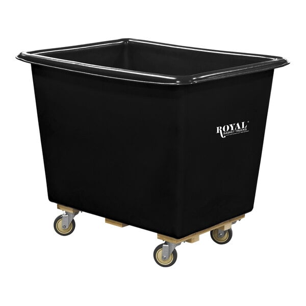 A black plastic container on wheels.