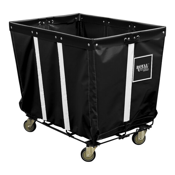 A black fabric laundry basket on wheels.