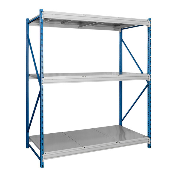 A blue and silver Hallowell steel shelving unit with three levels.