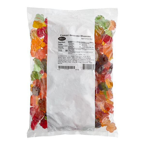A bag of Albanese Gummi Awesome Blossoms on a white background.