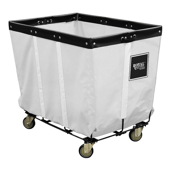 A white and black laundry cart with steel base and swivel casters.