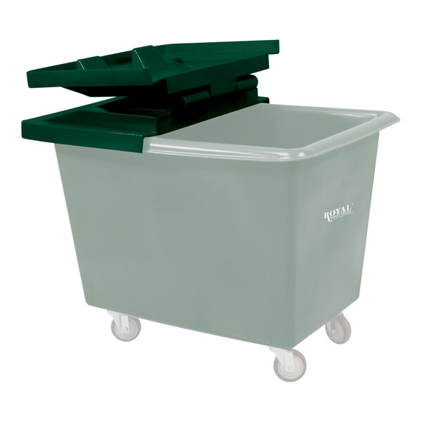 A green plastic bin with a Royal Basket Trucks hinged lid.