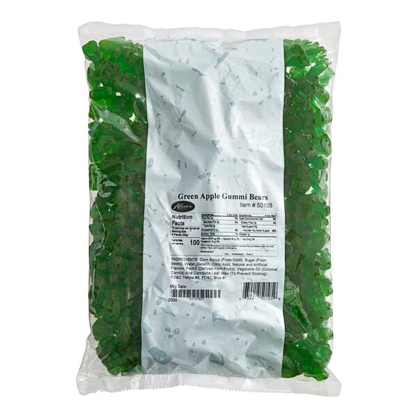 A bag of Albanese Green Apple Gummi Bears on a white background.