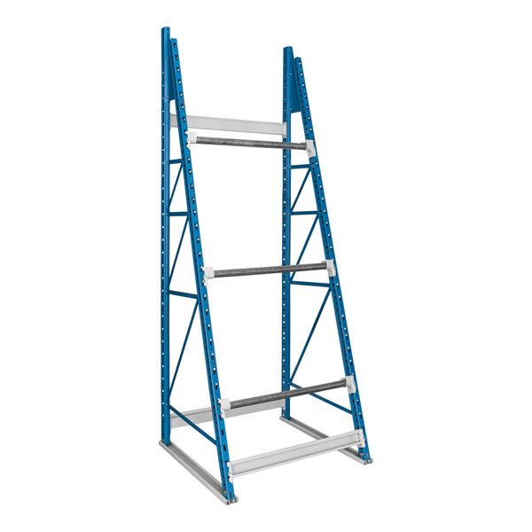 A blue steel Hallowell reel rack with three shelves.