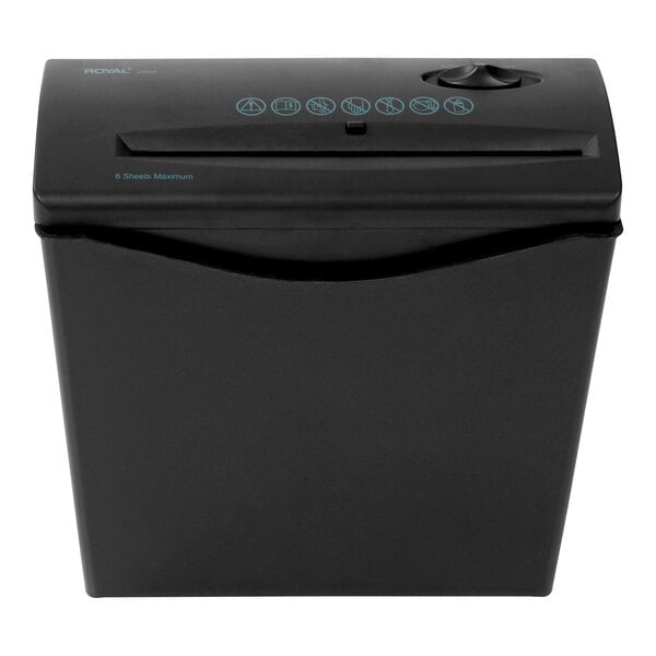 A black Royal paper shredder with blue buttons.