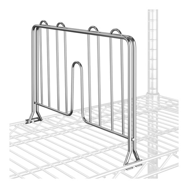 A metal rack with a Regency chrome wire shelf divider on a white surface.