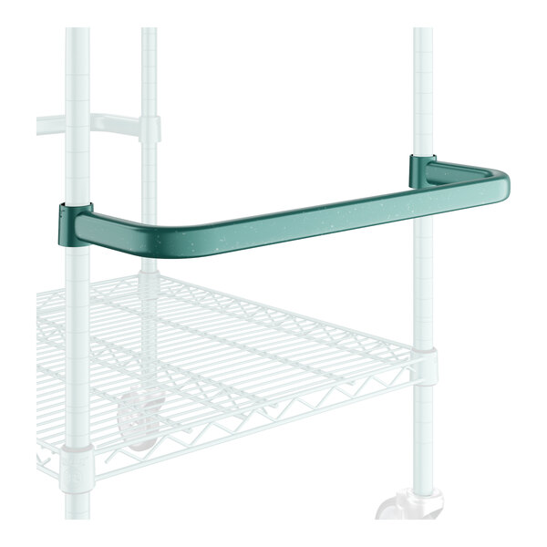 A close-up of a green metal Regency shelf handle.