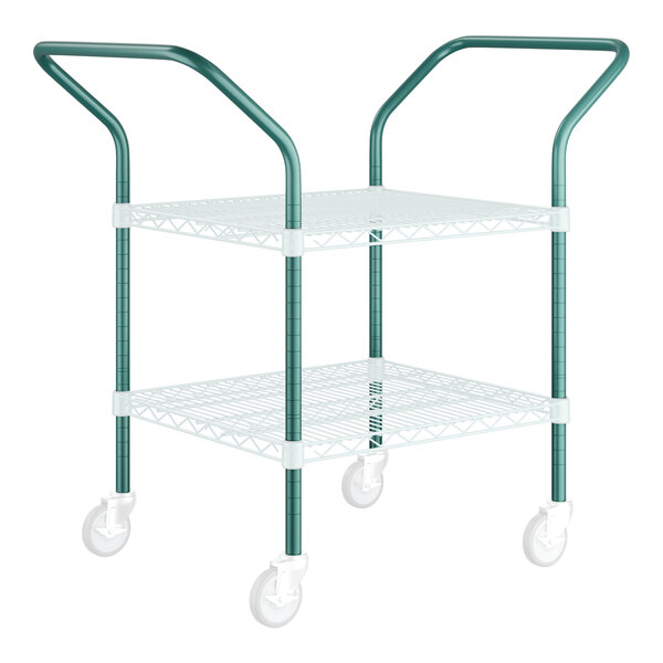 A green metal cart with white wheels and green handles.
