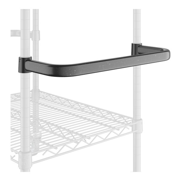 A black metal shelf with a black U-shaped handle.