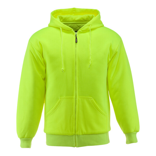 A lime green RefrigiWear zip-up sweatshirt.