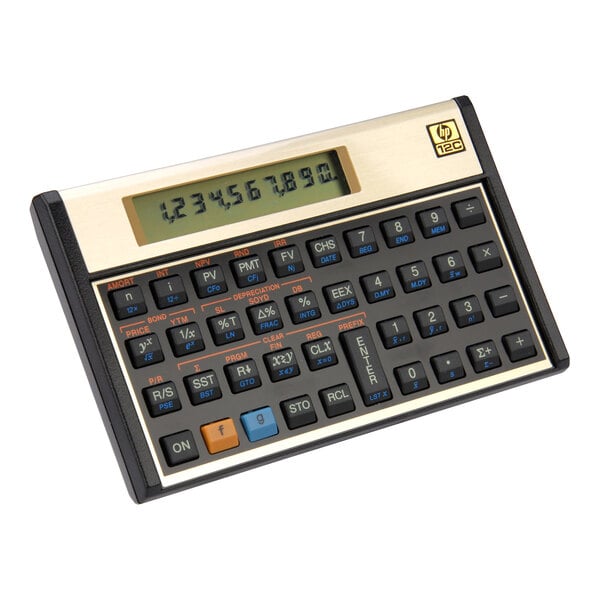 A white HP 12c programmable financial calculator with a black and gold case.