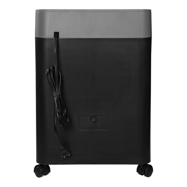 An HP black and grey rectangular shredder with a cord.