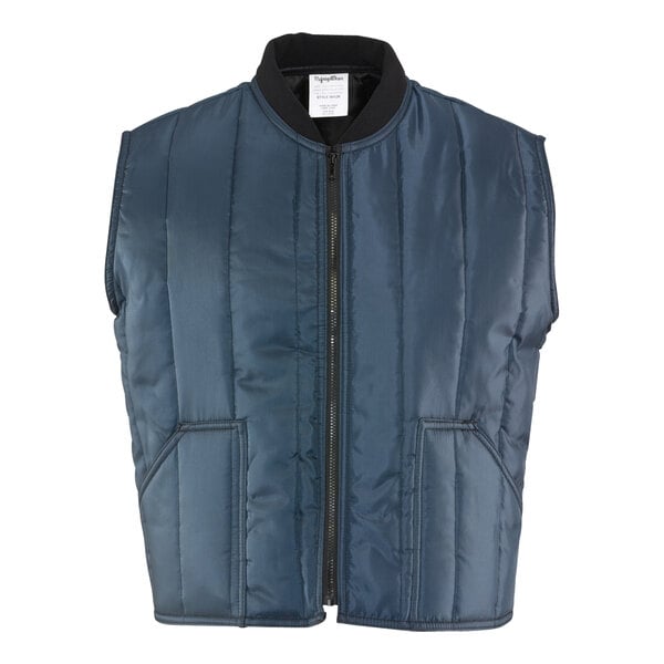 A navy blue RefrigiWear Econo-Tuff insulated quilted vest with black zippers.