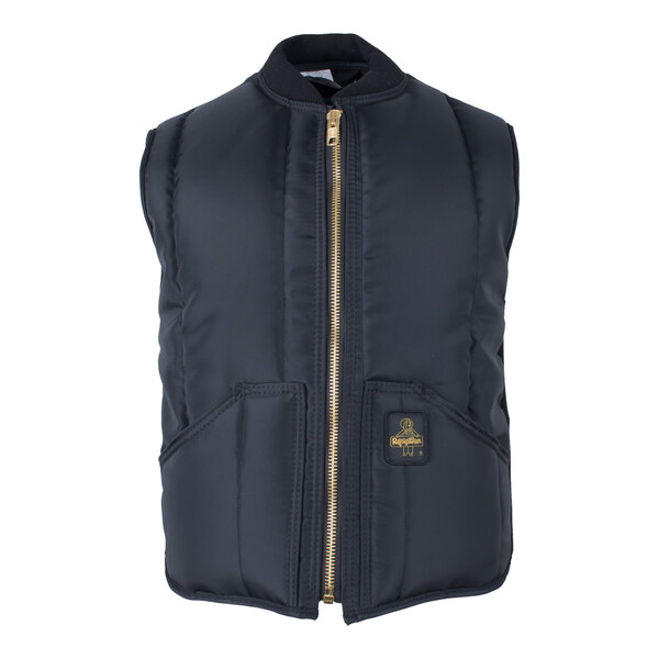 A navy RefrigiWear insulated vest with gold zippers.