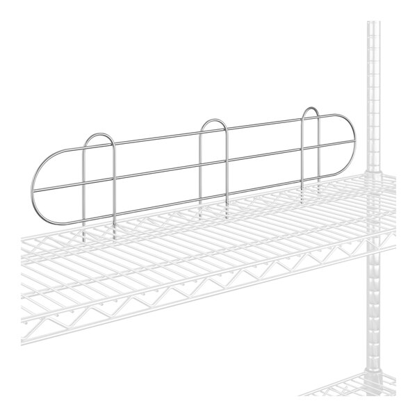 A wire shelf with a chrome metal railing.