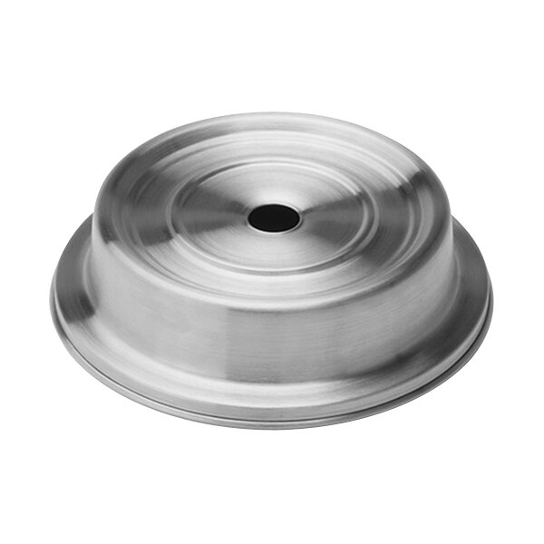 A circular silver metal cover with a hole in the center.