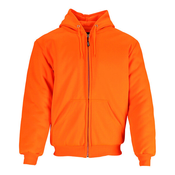 An orange RefrigiWear quilted zip up sweatshirt with a hood.