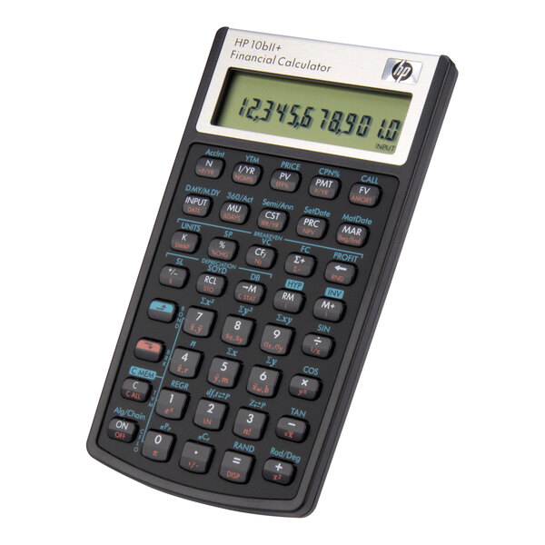 An HP 10bII+ financial calculator with a black display.